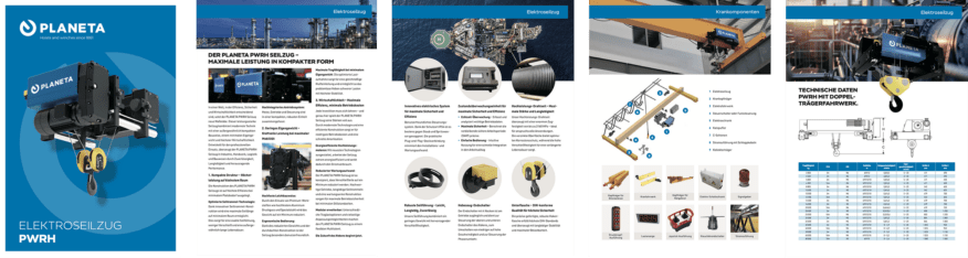 Sechsseitiger Produktkatalog des Unternehmens PLANETA für den elektrischen Seilzug PWRH. Enthält Produktbilder, technische Zeichnungen, Leistungsbeschreibungen, Einsatzbeispiele, Komponentenübersicht und eine technische Datentabelle mit Maßangaben.