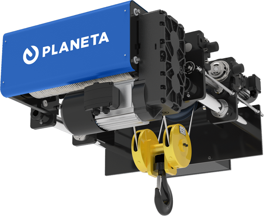PLANETA Elektro-Seilzug mit motorisierter Einschienenkatze, geeignet für niedrige Einbauhöhen, mit Zweifallsflaschenzug und Haken für horizontale Förderbewegung.